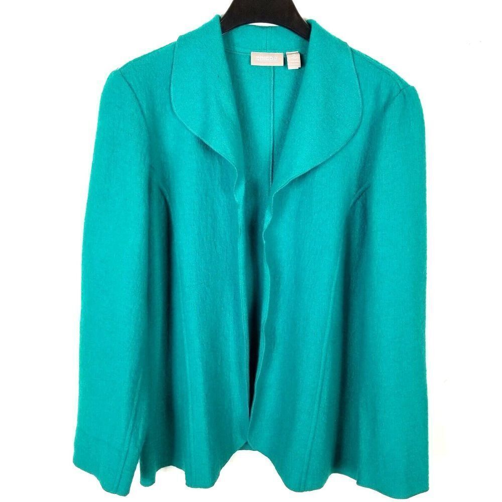 Chico's Women 100% Wool Open Front Jacket Size XL Green Unlined